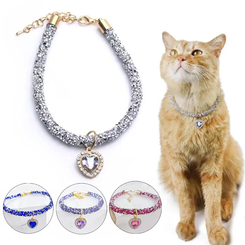 Luxury Crystal Cat Collar Heart Gem Pendant Party Reflective Rhinestone Necklace Adjustable Cats Puppy Chihuahua Pet Accessories
